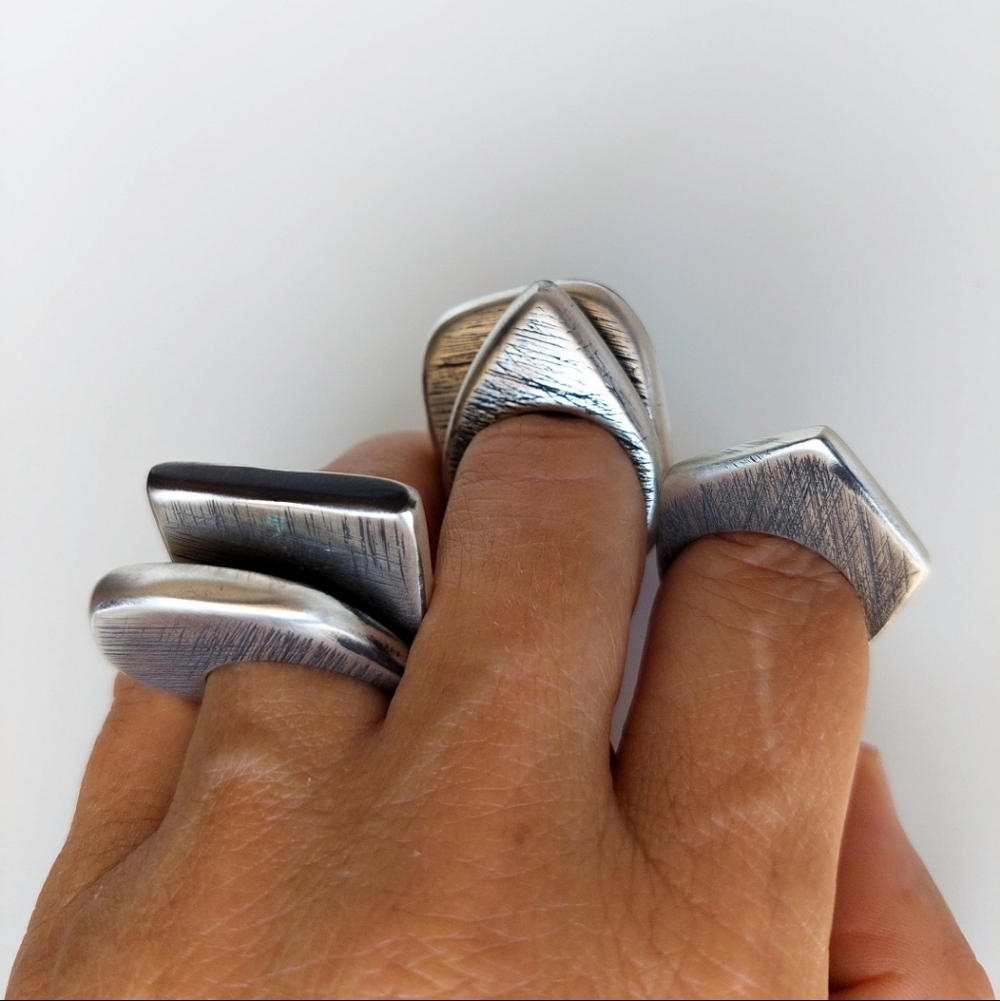 Modern Silver Geometric Staking Rings Set